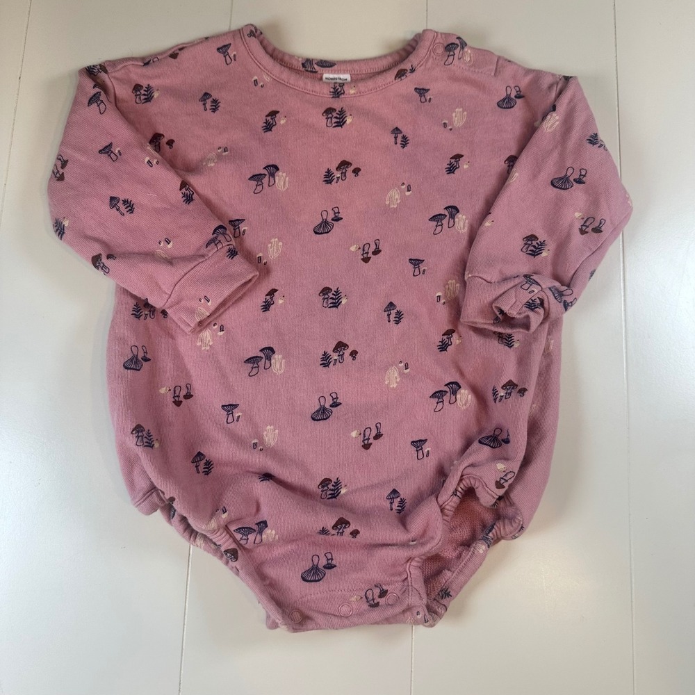 Nordstrom Mushroom Print Bubble Romper  12M Pink Cotton French Terry Bodysuit
